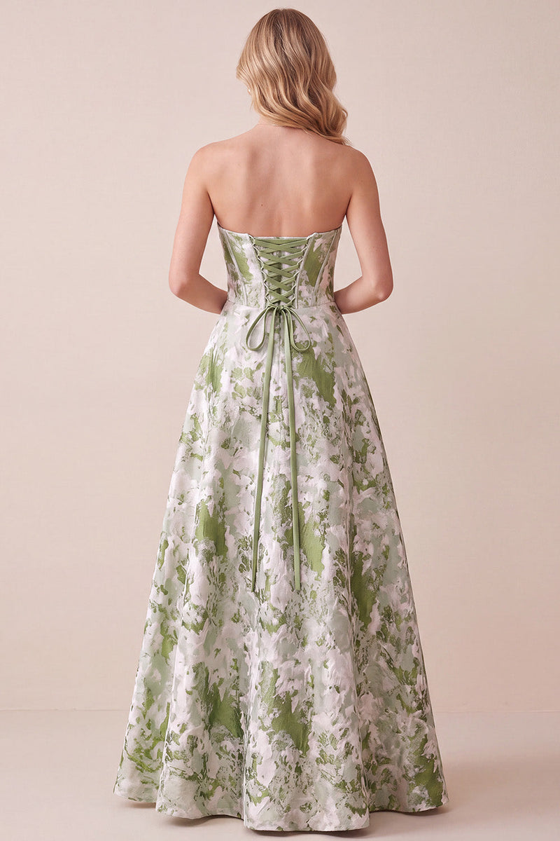 Laden Sie das Bild in den Galerie-Viewer, Salbeigrünes Korsett, trägerloses, bedrucktes Maxi-Festkleid mit A-Linie