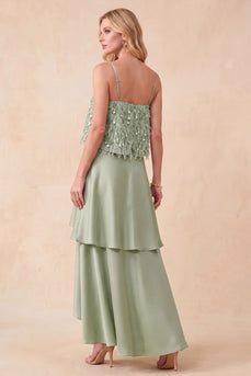 Hellgrünes Gestuftes Spaghettiträger Hoch-niedriges Satin Festkleid mit Federn