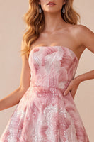 Laden Sie das Bild in den Galerie-Viewer, Rosa A-Linie trägerloses Pailletten-Maxi-Festkleid mit Schnürung hinten