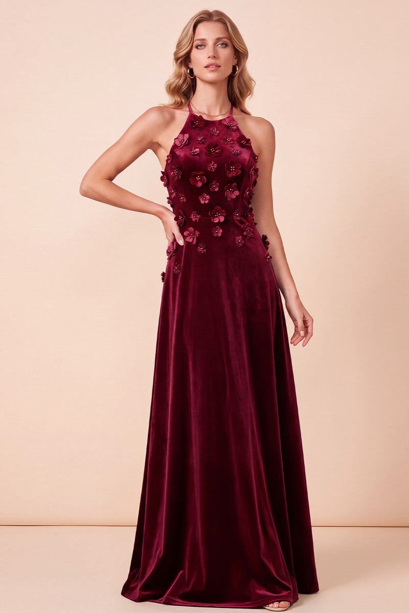 Laden Sie das Bild in den Galerie-Viewer, Burgunder A-Line Neckholder-Samt-3D-Blumen-langes Festkleid mit Perlen
