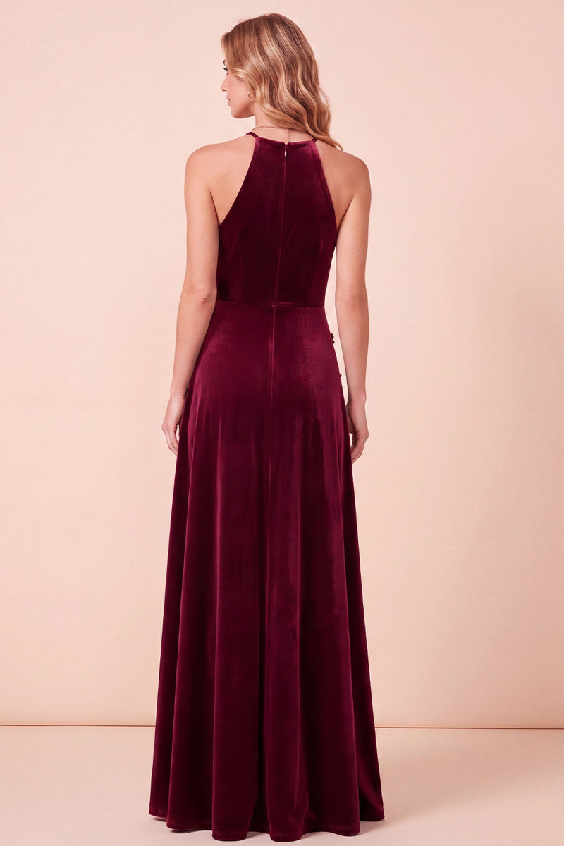 Laden Sie das Bild in den Galerie-Viewer, Burgunder A-Line Neckholder-Samt-3D-Blumen-langes Festkleid mit Perlen
