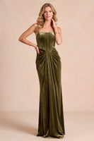 Laden Sie das Bild in den Galerie-Viewer, Olivfarbenes Korsett-Samt-Sheath Trägerloses, gerafftes Maxi-Formelkleid