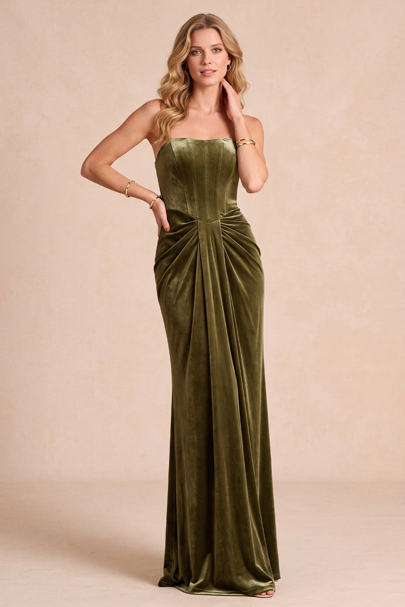 Laden Sie das Bild in den Galerie-Viewer, Olivfarbenes Korsett-Samt-Sheath Trägerloses, gerafftes Maxi-Formelkleid