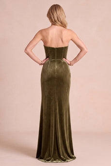 Olivfarbenes Korsett Samt Sheath Trägerloses Gerafftes Maxi Abendkleid