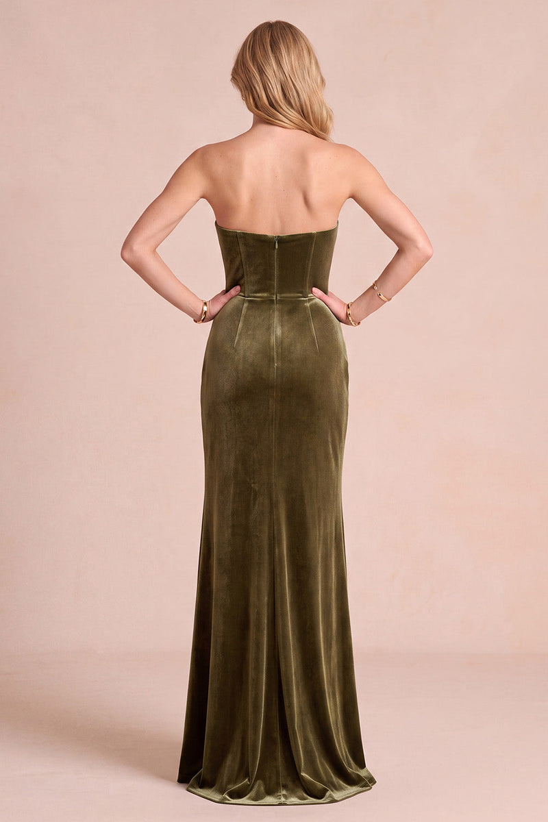 Laden Sie das Bild in den Galerie-Viewer, Olivfarbenes Korsett-Samt-Sheath Trägerloses, gerafftes Maxi-Formelkleid