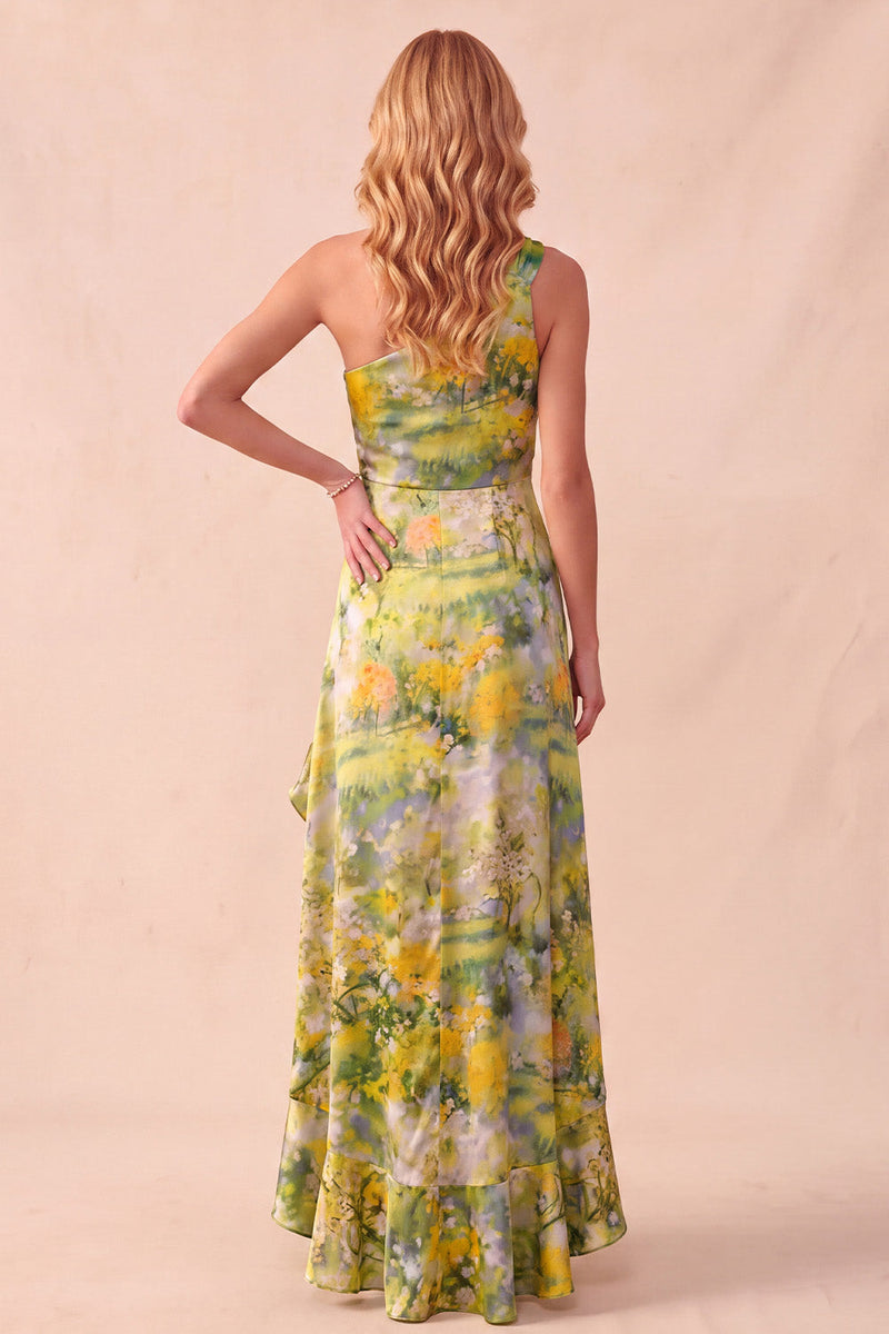 Laden Sie das Bild in den Galerie-Viewer, Gelb bedruckte Scheide mit einer Schulter hoch-niedriges Festkleid mit Rüschen