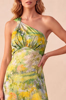 Laden Sie das Bild in den Galerie-Viewer, Gelb bedruckte Scheide mit einer Schulter hoch-niedriges Festkleid mit Rüschen