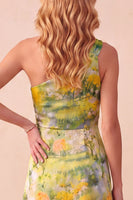 Laden Sie das Bild in den Galerie-Viewer, Gelb bedruckte Scheide mit einer Schulter hoch-niedriges Festkleid mit Rüschen