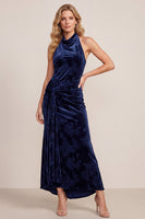 Laden Sie das Bild in den Galerie-Viewer, Marineblauer Cowl-Ausschnitt mit hohem niedrigem Samt-Maxi-Kleidungskleid mit Draping