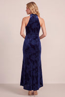 Laden Sie das Bild in den Galerie-Viewer, Marineblauer Cowl-Ausschnitt mit hohem niedrigem Samt-Maxi-Kleidungskleid mit Draping
