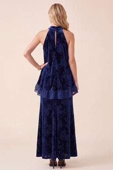 Marineblaues A-Linie Halter Samt Maxi Abendkleid mit Rüschen