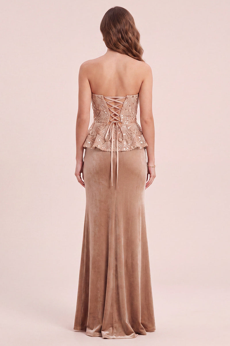 Laden Sie das Bild in den Galerie-Viewer, Khaki Meerjungfrauen-Trägerloses Samtpailletten-Langes Festkleid mit Applikationen