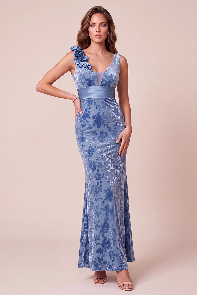 Laden Sie das Bild in den Galerie-Viewer, Blaues Meerjungfrauen-V-Ausschnitt samtiges, asymmetrisches Tüll-langes Festkleid mit 3D-Blume