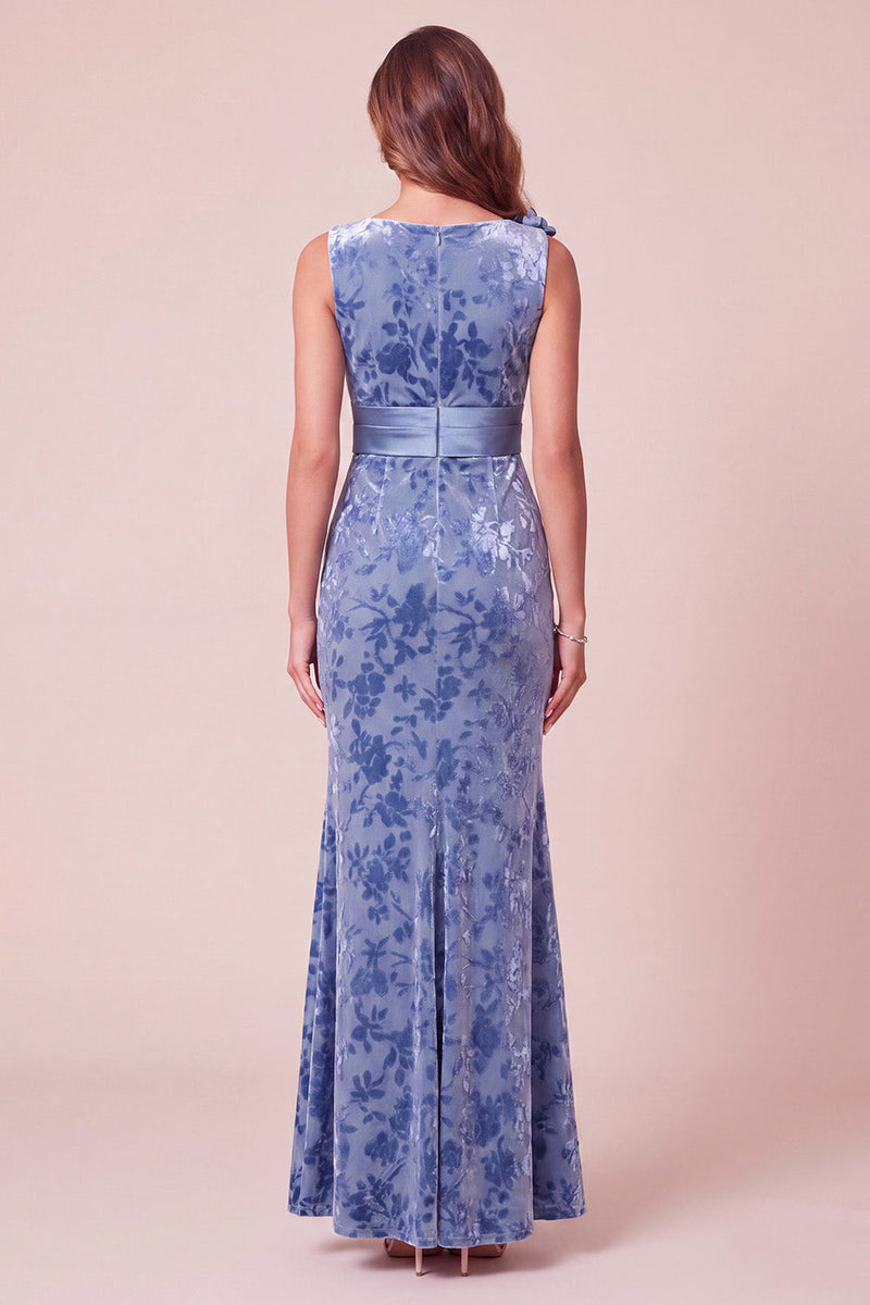 Laden Sie das Bild in den Galerie-Viewer, Blaues Meerjungfrauen-V-Ausschnitt samtiges, asymmetrisches Tüll-langes Festkleid mit 3D-Blume