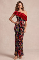 Laden Sie das Bild in den Galerie-Viewer, Rotes Meerjungfrauen-Asymmetrisches einschulteriges, samtbedrucktes Maxi-Festkleid