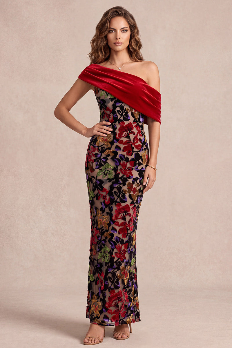 Laden Sie das Bild in den Galerie-Viewer, Rotes Meerjungfrauen-Asymmetrisches einschulteriges, samtbedrucktes Maxi-Festkleid