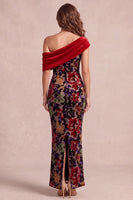 Laden Sie das Bild in den Galerie-Viewer, Rotes Meerjungfrauen-Asymmetrisches einschulteriges, samtbedrucktes Maxi-Festkleid