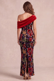 Rotes Meerjungfrauen Asymmetrisches Einschulteriges Samt Bedrucktes Maxi Festkleid