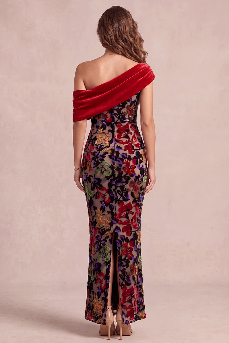 Laden Sie das Bild in den Galerie-Viewer, Rotes Meerjungfrauen-Asymmetrisches einschulteriges, samtbedrucktes Maxi-Festkleid