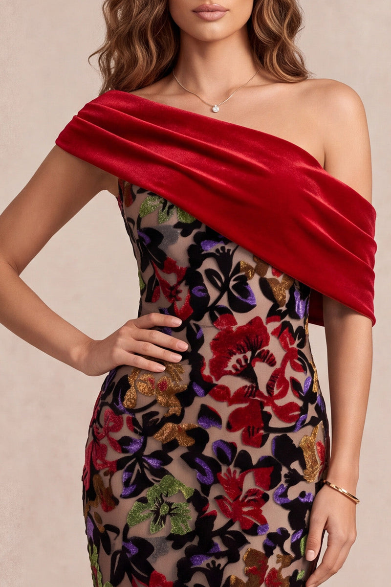 Laden Sie das Bild in den Galerie-Viewer, Rotes Meerjungfrauen-Asymmetrisches einschulteriges, samtbedrucktes Maxi-Festkleid