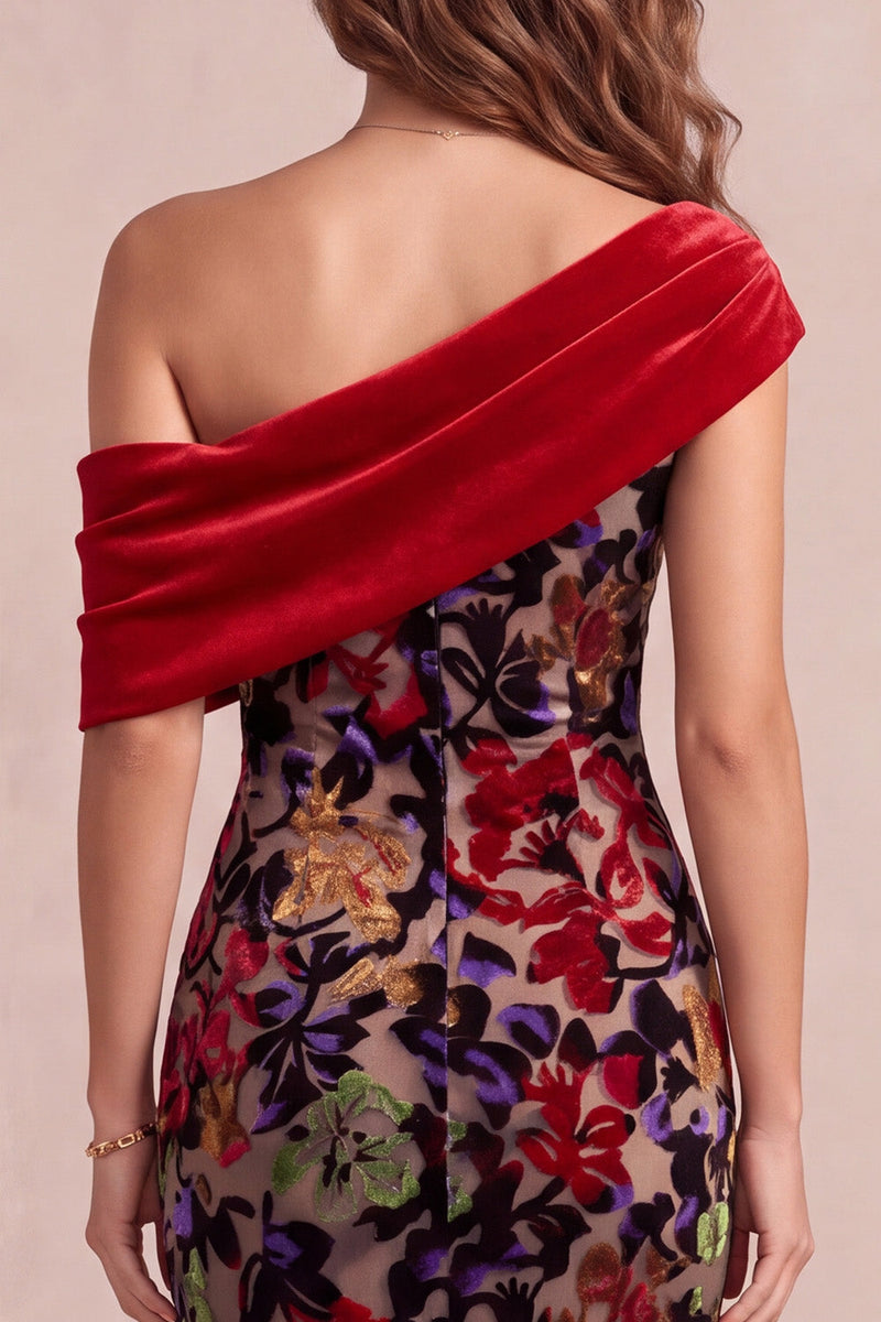 Laden Sie das Bild in den Galerie-Viewer, Rotes Meerjungfrauen-Asymmetrisches einschulteriges, samtbedrucktes Maxi-Festkleid