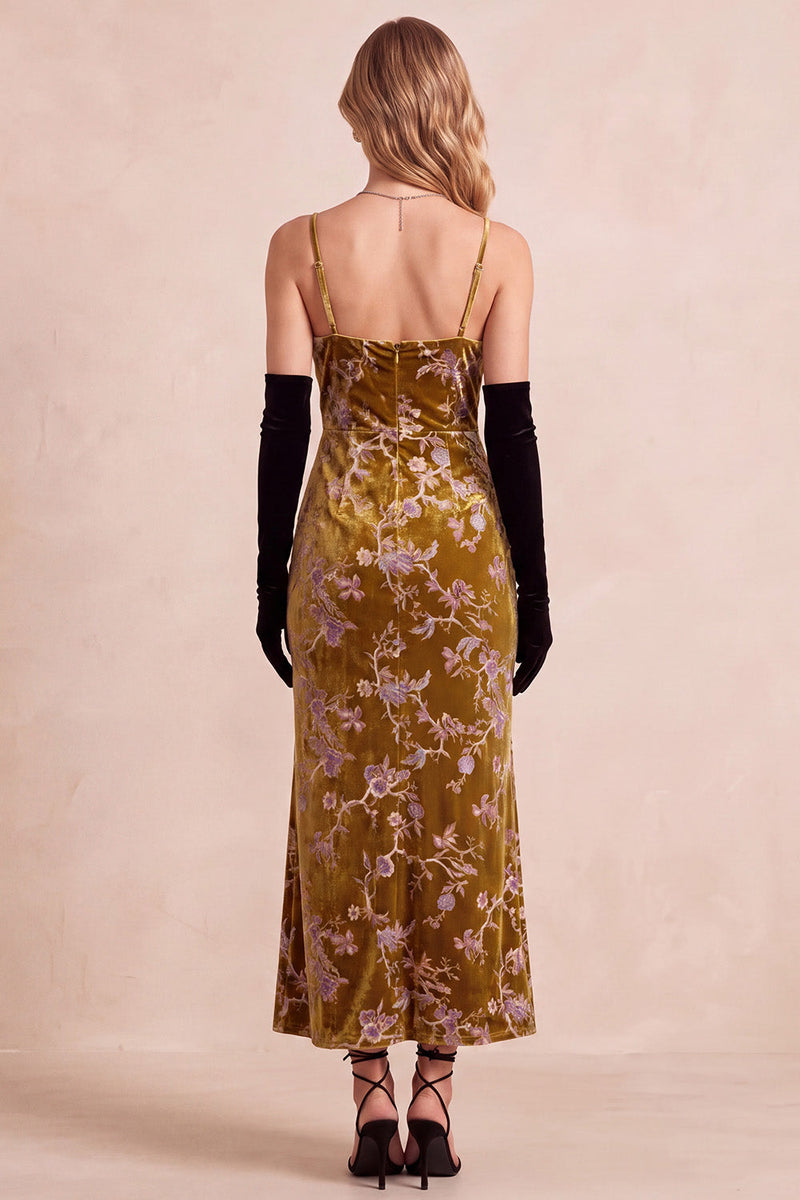 Laden Sie das Bild in den Galerie-Viewer, Senfgoldene Scheide, Spaghettiträger, samtbedrucktes Maxi-Festkleid
