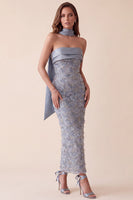 Laden Sie das Bild in den Galerie-Viewer, Graublaues Bodycon trägerloses Satin-Maxi-Formelkleid mit Applikationen