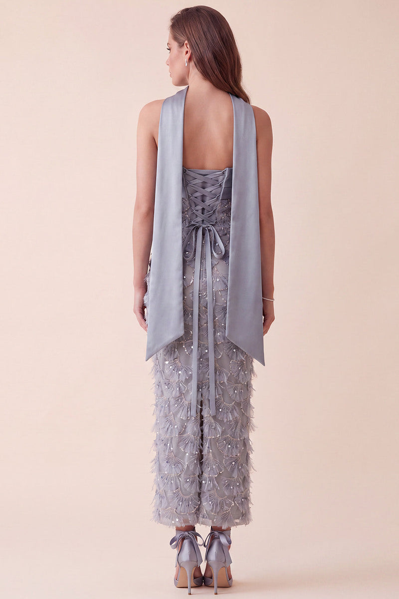 Laden Sie das Bild in den Galerie-Viewer, Graublaues Bodycon trägerloses Satin-Maxi-Formelkleid mit Applikationen