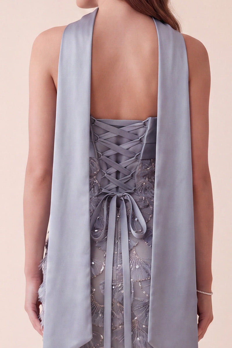 Laden Sie das Bild in den Galerie-Viewer, Graublaues Bodycon trägerloses Satin-Maxi-Formelkleid mit Applikationen
