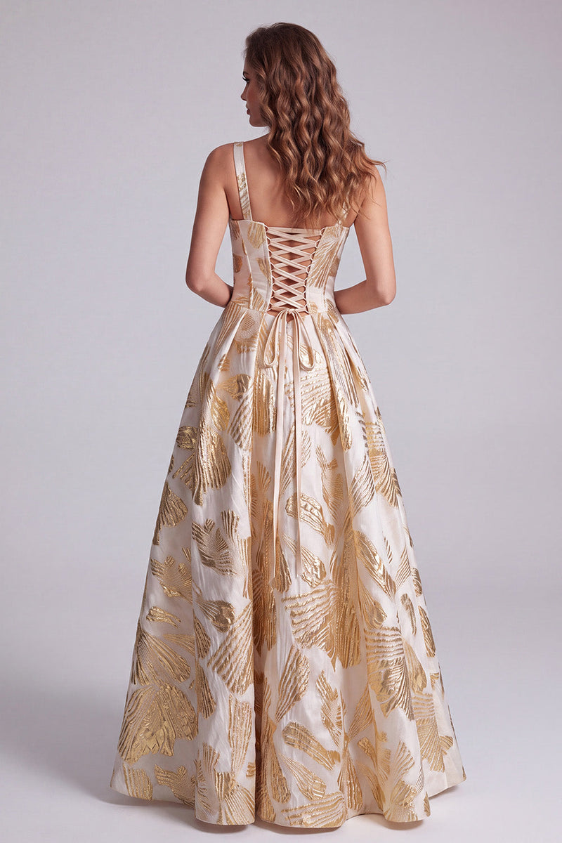 Laden Sie das Bild in den Galerie-Viewer, Champagner-Korsett A-Linie Jacquard dicke Träger Maxi-Festkleid
