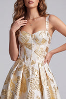 Laden Sie das Bild in den Galerie-Viewer, Champagner-Korsett A-Linie Jacquard dicke Träger Maxi-Festkleid