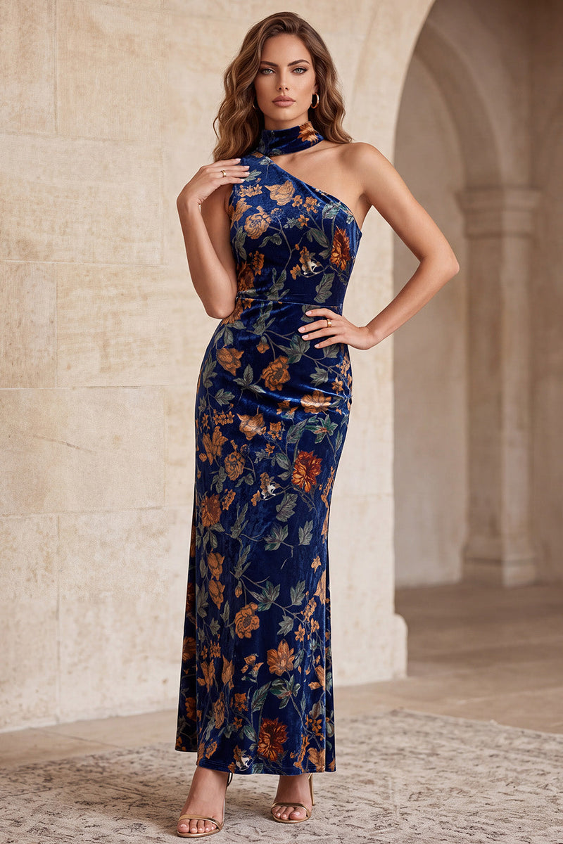 Laden Sie das Bild in den Galerie-Viewer, Dunkelblaues, einschulteriges, samtbedrucktes Maxi-Festkleid mit einer Schulter