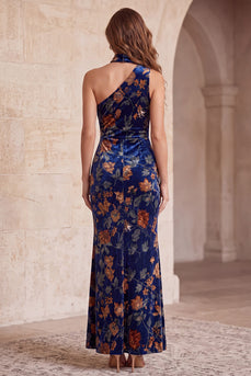 Dunkelblaues Einschulteriges Samtbedrucktes Maxi Festkleid mit einer Schulter