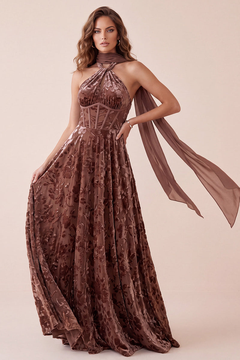 Laden Sie das Bild in den Galerie-Viewer, Chocolates Korsett, Samthalter, A-Line Maxi-Festkleid mit Chiffon-Schärpe