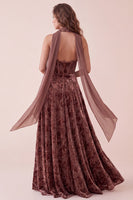Laden Sie das Bild in den Galerie-Viewer, Chocolates Korsett, Samthalter, A-Line Maxi-Festkleid mit Chiffon-Schärpe