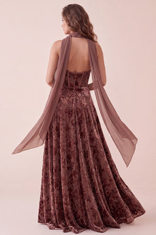 Chocolates Korsett Samt Halter A-Linie Maxi Festkleid mit Chiffon-Schärpe
