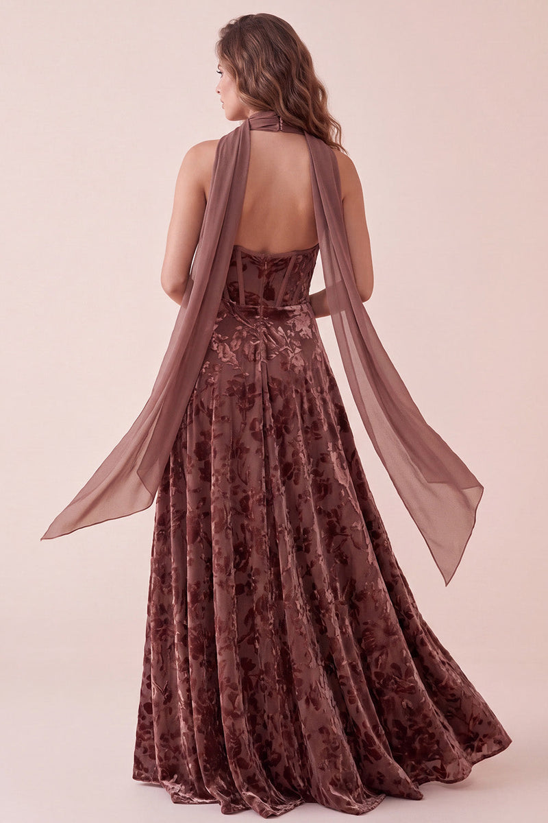Laden Sie das Bild in den Galerie-Viewer, Chocolates Korsett, Samthalter, A-Line Maxi-Festkleid mit Chiffon-Schärpe