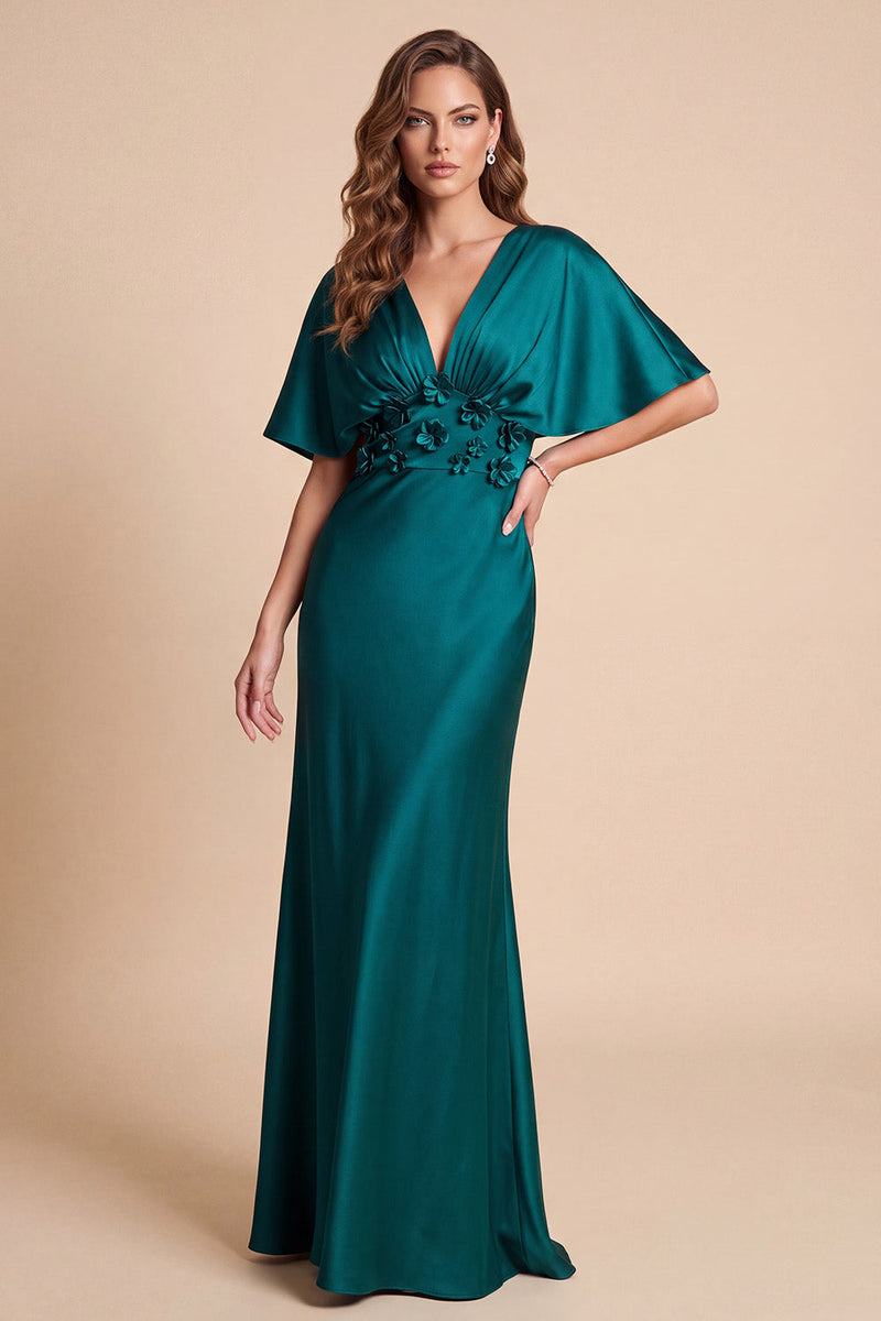 Laden Sie das Bild in den Galerie-Viewer, Pfauengrüne Scheide V-Ausschnitt Flatterärmel Satin Maxi-Festkleid mit 3D-Blume