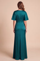 Laden Sie das Bild in den Galerie-Viewer, Pfauengrüne Scheide V-Ausschnitt Flatterärmel Satin Maxi-Festkleid mit 3D-Blume