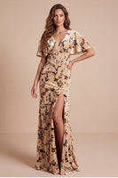 Laden Sie das Bild in den Galerie-Viewer, Maxi-Festkleid mit Velvt-Print aus Champagnerkorsett mit V-Ausschnitt und Seitenschlitz