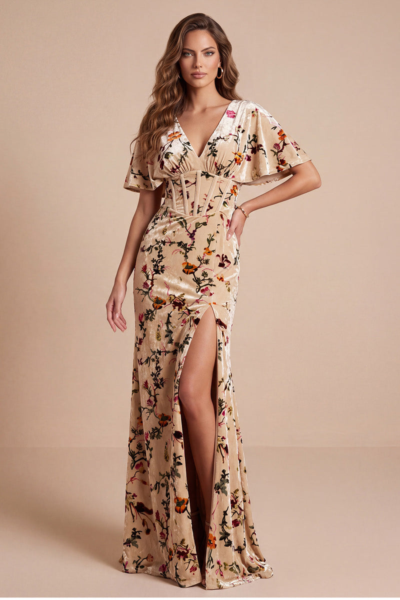 Laden Sie das Bild in den Galerie-Viewer, Maxi-Festkleid mit Velvt-Print aus Champagnerkorsett mit V-Ausschnitt und Seitenschlitz