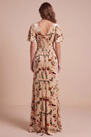 Laden Sie das Bild in den Galerie-Viewer, Maxi-Festkleid mit Velvt-Print aus Champagnerkorsett mit V-Ausschnitt und Seitenschlitz