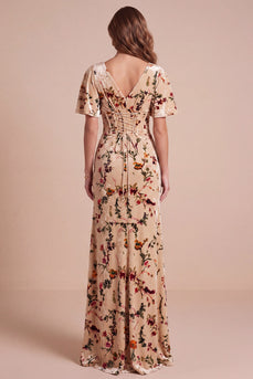 Maxi Samt Champagner Korsett Print Festkleid mit V-Ausschnitt und Seitenschlitz