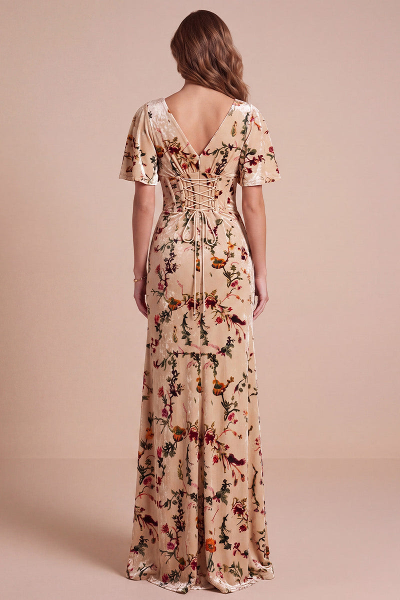 Laden Sie das Bild in den Galerie-Viewer, Maxi-Festkleid mit Velvt-Print aus Champagnerkorsett mit V-Ausschnitt und Seitenschlitz