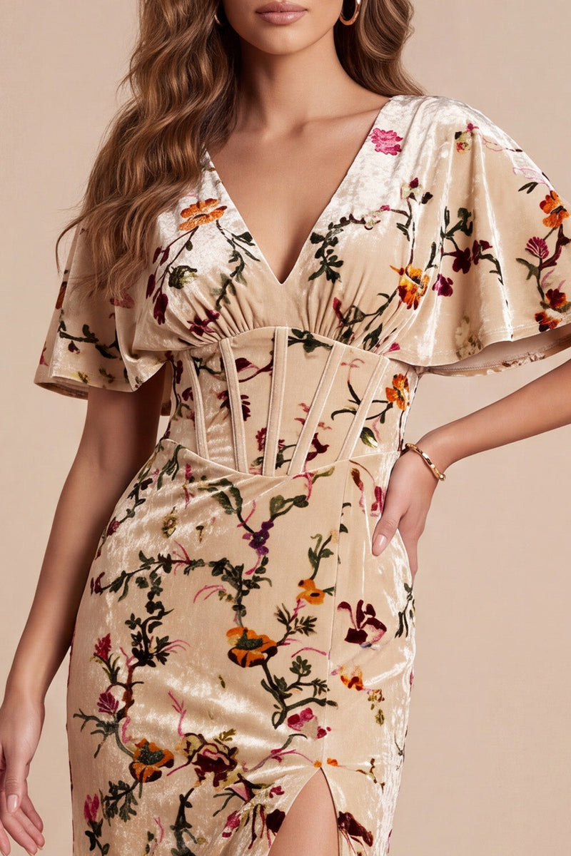 Laden Sie das Bild in den Galerie-Viewer, Maxi-Festkleid mit Velvt-Print aus Champagnerkorsett mit V-Ausschnitt und Seitenschlitz