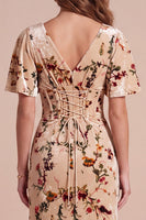 Laden Sie das Bild in den Galerie-Viewer, Maxi-Festkleid mit Velvt-Print aus Champagnerkorsett mit V-Ausschnitt und Seitenschlitz
