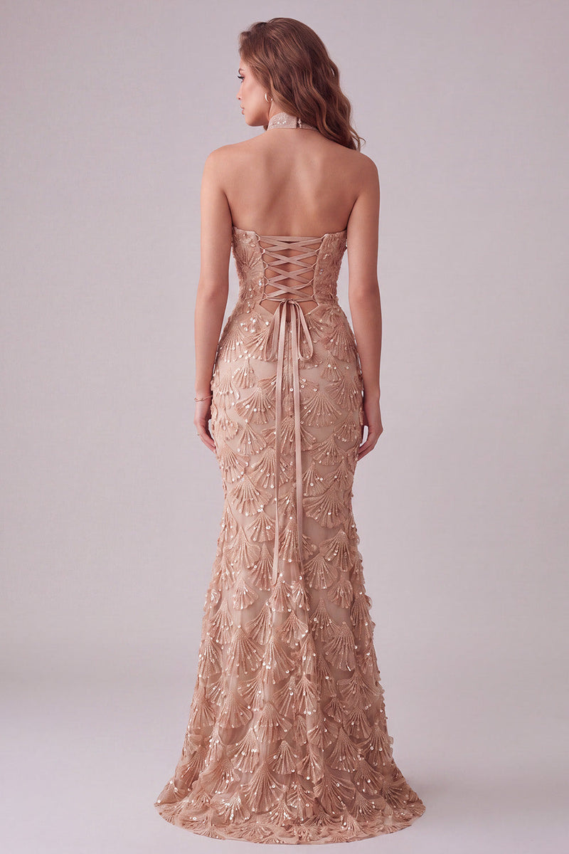 Laden Sie das Bild in den Galerie-Viewer, Champagner-Meerjungfrauen-Trägerloses, appliquiertes langes Festliches Kleid mit seitlichem Schlitz