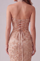 Laden Sie das Bild in den Galerie-Viewer, Champagner-Meerjungfrauen-Trägerloses, appliquiertes langes Festliches Kleid mit seitlichem Schlitz