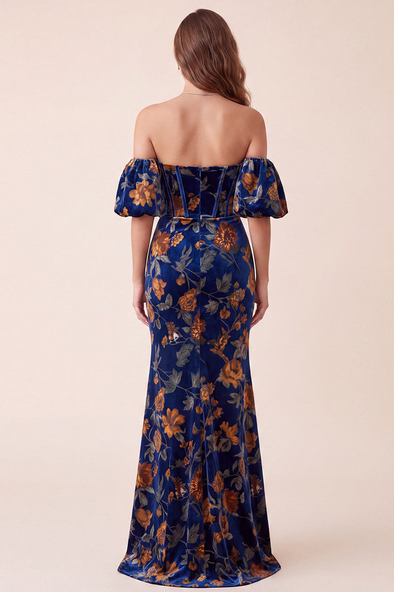 Laden Sie das Bild in den Galerie-Viewer, Dunkelblaues, samtbedrucktes Meerjungfrauen-Korsett, trägerloses Maxi-Festkleid mit abnehmbaren Puffärmeln