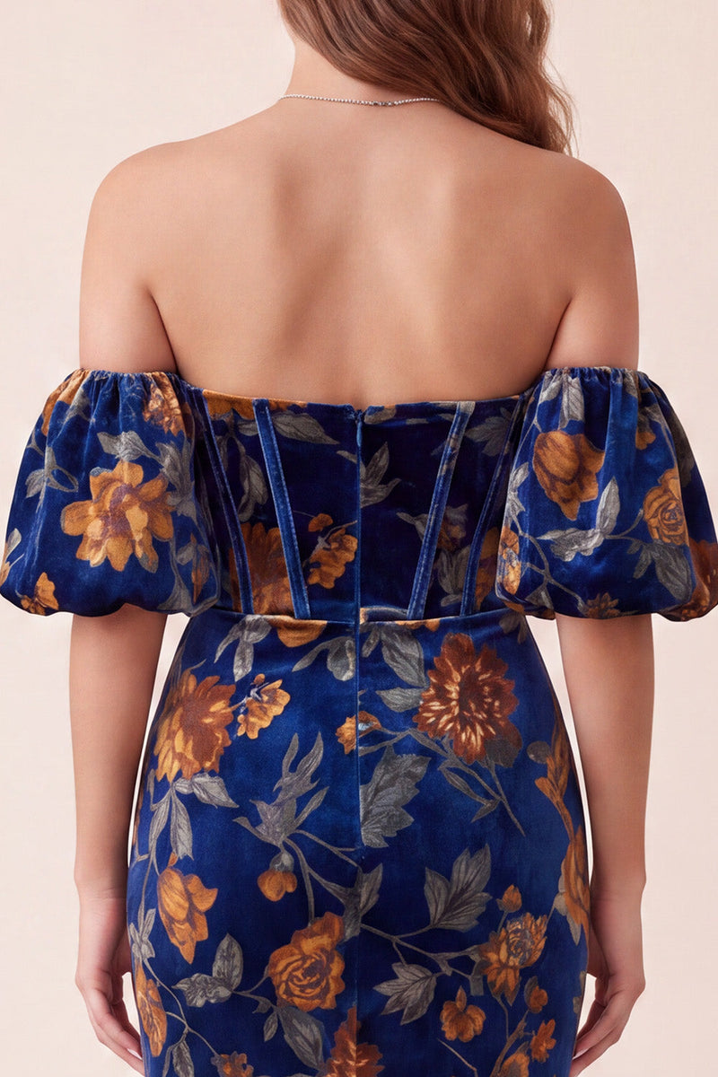 Laden Sie das Bild in den Galerie-Viewer, Dunkelblaues, samtbedrucktes Meerjungfrauen-Korsett, trägerloses Maxi-Festkleid mit abnehmbaren Puffärmeln